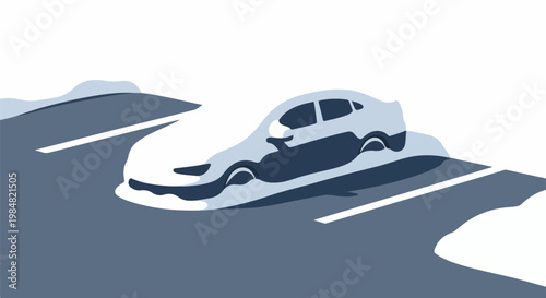 A light blue sedan sits on a snow-covered road, partly obscured by drifts