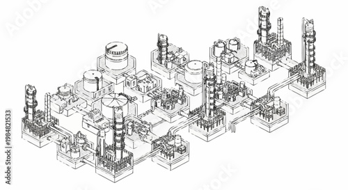 Detailed architectural sketch of an industrial complex with multiple towers and platforms.