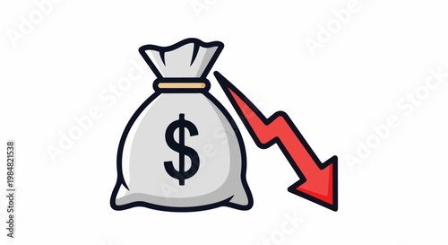 A money bag with a dollar sign and a red downward arrow