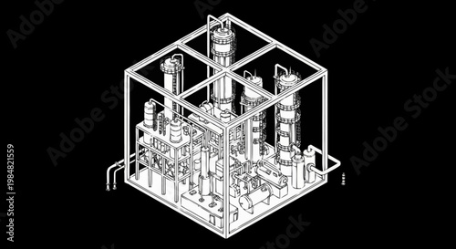 3D isometric illustration of a complex industrial processing unit with pipes and tanks, presented in a clean line art style on a black background.