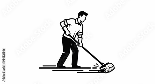 A black and white illustration of a person mopping a floor