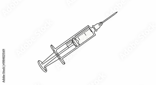 A black and white line drawing of a medical syringe with a needle extended