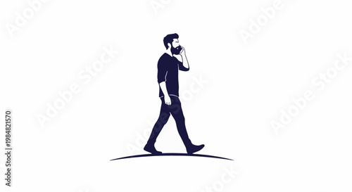 A person with a beard, dressed in dark clothes, walks while talking on a phone
