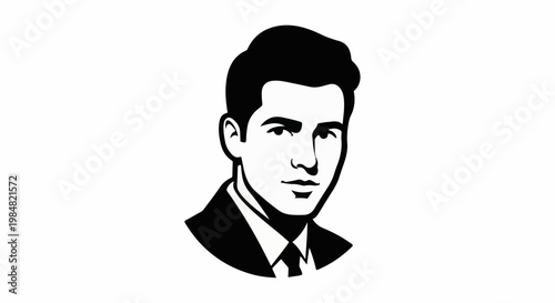 A black and white graphic illustration of a man's face and upper torso