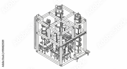 3D wireframe rendering of a complex industrial electrical substation equipment assembly.