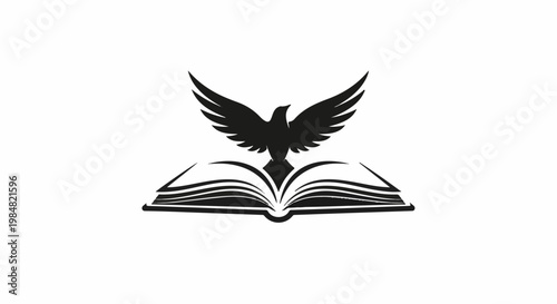 A silhouette of a bird with outstretched wings above an open book