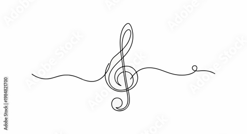 Continuous line drawing of a treble clef with wavy lines on either side