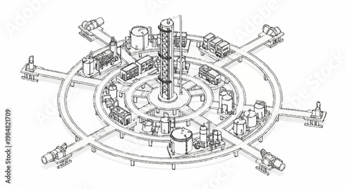 Detailed architectural sketch of a futuristic circular industrial complex with radiating arms and central tower.