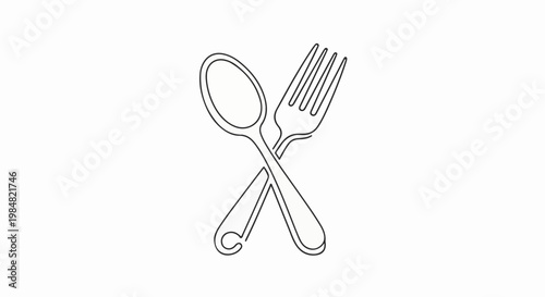 Crossed spoon and fork, a simple outline graphic on white background