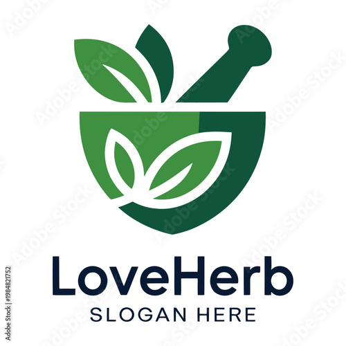 Herbal care logo featuring a mortar and pestle with green leaves and the brand name loveherb