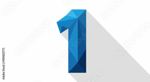 A geometric blue digit one casting a long shadow on a white background