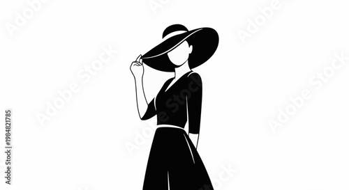 Elegant silhouette of a woman in a wide-brimmed hat and dress