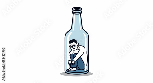 Trapped person curled up inside a clear glass bottle, looking dejected