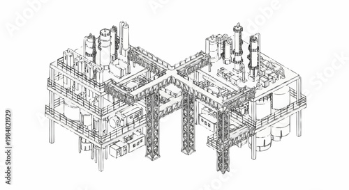 Detailed isometric line drawing of an industrial oil rig platform with complex structures and pipelines.