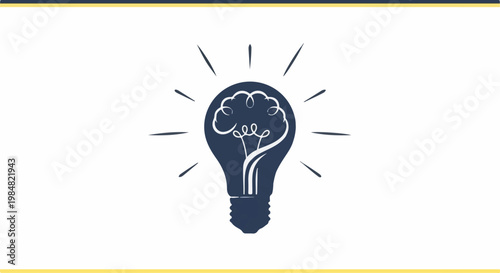 Stylized light bulb with brain-like filament radiates light on a white background