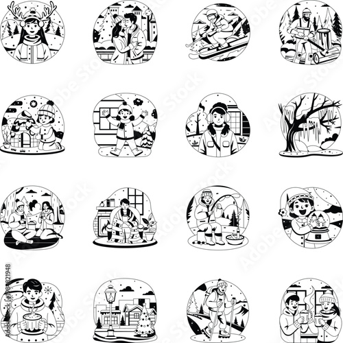 Collection of Winter Season Glyph Style Illustrations 
