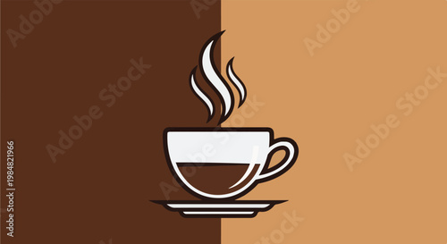 A steaming cup of coffee sits on a saucer, against a split background