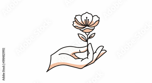 Delicate hand cradles a single blooming flower with soft pastel accents