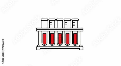 Six red liquids fill test tubes in a laboratory rack
