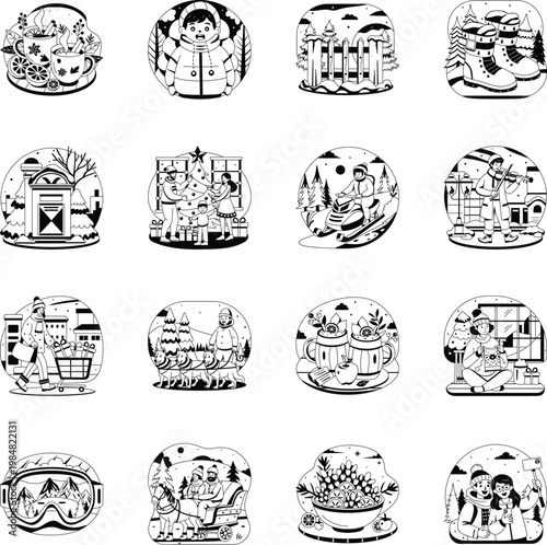 Set of Winter Festive Glyph Style Illustrations 
