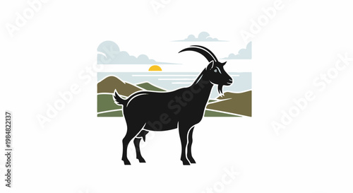 Black goat stands in a rolling, mountainous landscape at sunrise