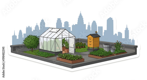 Urban rooftop garden with greenhouse and city skyline