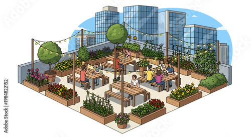 urban garden with people socializing in city park setting