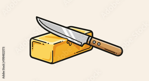 A block of yellow butter sits on a light background with a knife resting on top