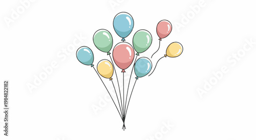 A bunch of colorful balloons float upwards against a white background