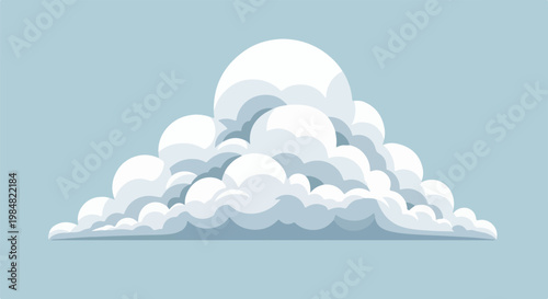 Stylized, puffy white clouds billow across a soft, pale blue sky