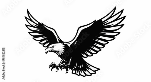 A black and white graphic of a bald eagle with outstretched wings descending
