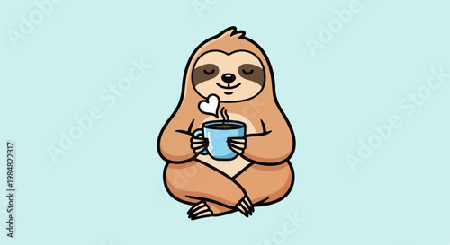 A cute cartoon sloth sits cross-legged holding a cup of coffee