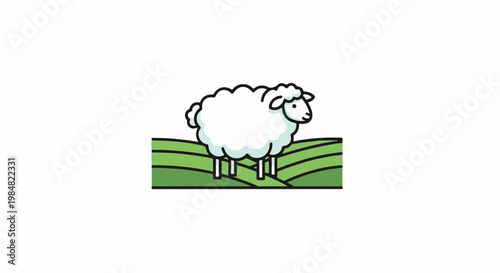 A cute, cartoonish white sheep stands on a stylized green hill landscape