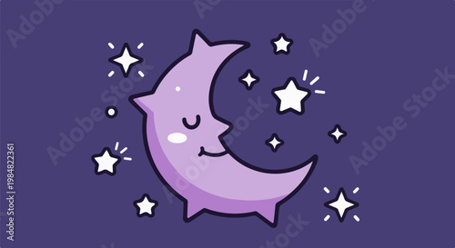 A cute, smiling crescent moon with closed eyes is surrounded by sparkling stars on a purple background
