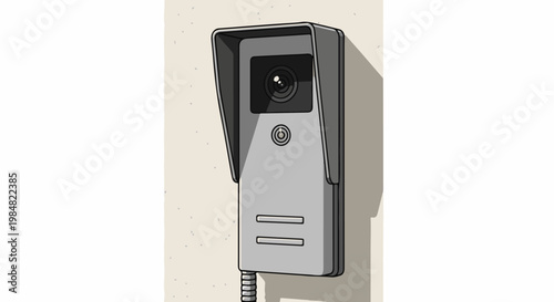 A gray outdoor intercom system with a camera and button on a textured wall