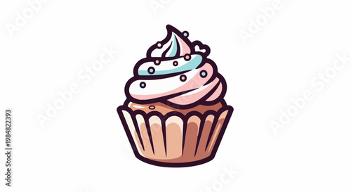 A cartoon cupcake with swirled pink and blue frosting and small candy dots