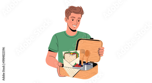 Man opening lunch box with food