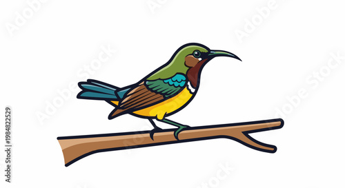 A cartoon bird with a long beak rests on a brown branch