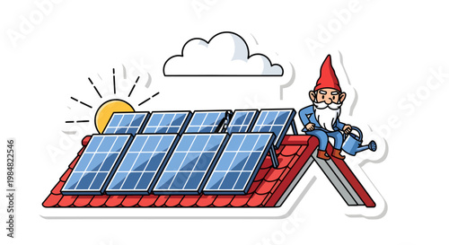 Gnome installing solar panels on roof with sun and cloud