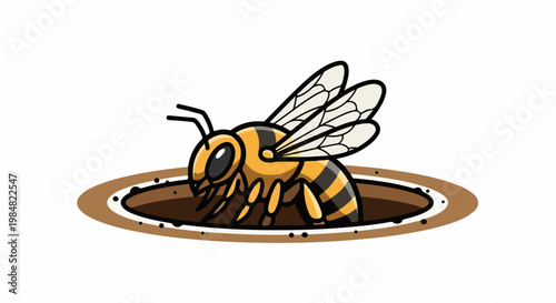 A cartoon bee emerges from a hole in the ground