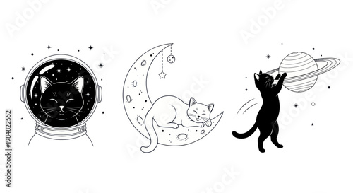Minimalist space cat illustrations with astronaut kitten and crescent moon in line art style
