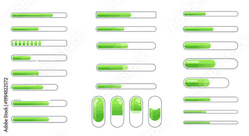 Set of green loading bars and digital progress indicators on a white background