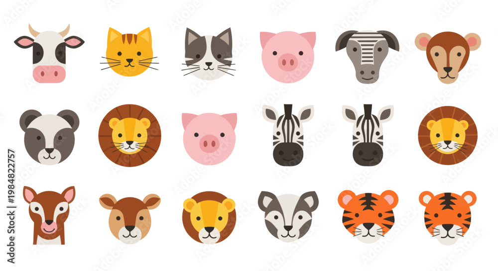 Fototapeta premium Collection of cute animal face vector icons in flat design style