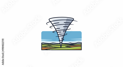 Stylized tornado strikes a rural landscape with swirling clouds