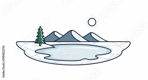 Stylized winter landscape with a small evergreen tree, frozen pond, and distant mountains