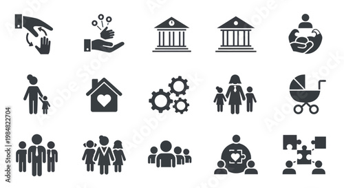 Set of social service and community support icons for family welfare and social work