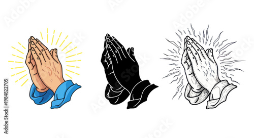 Praying hands icon set representing faith, hope, and spirituality.