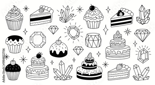 Cute hand-drawn cakes, cupcakes, and gemstones pattern