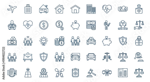 Collection of linear icons representing insurance, finance, healthcare, and legal services.