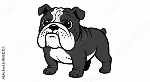 A cute cartoon bulldog with dark gray fur and white markings